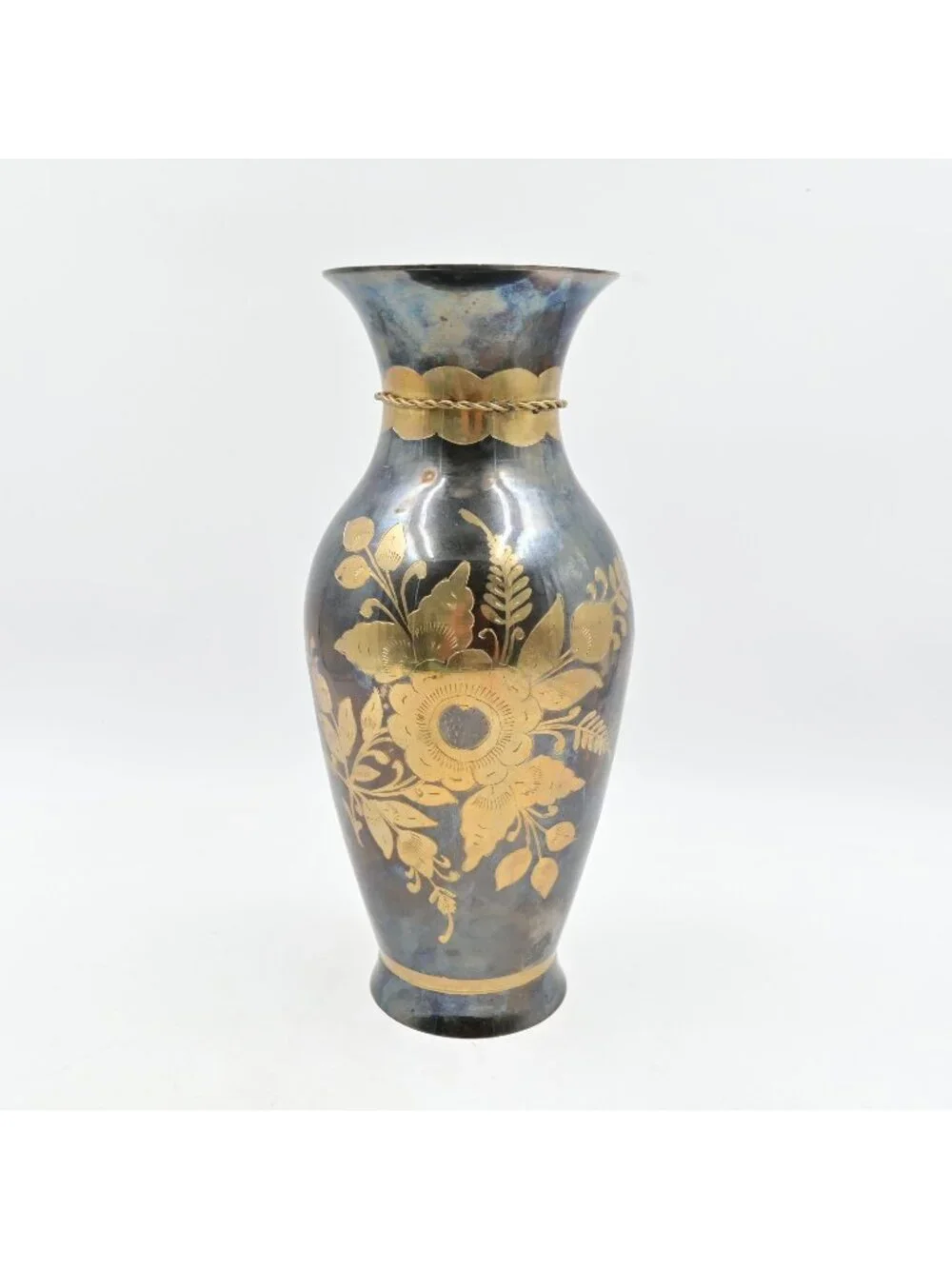 Brass Vase Etched Floral Black Gold India Footed Fluted Rim Boho 12.5